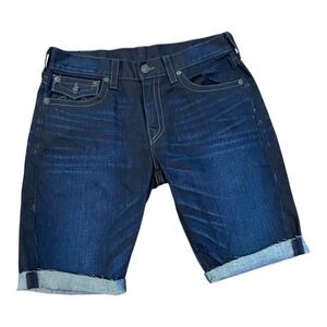 True Religion Men's 34 Ricky Flap Denim Jean Shorts Dark Blue Relaxed‎ Straight